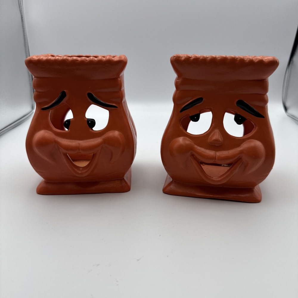 Vtg Anthropomorphic Pumpkin Face Ceramic Halloween Candle Holders Set Of 2